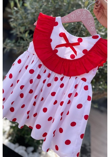 Kırmızı Fırfır Ve Benekli Beyaz Pamuklu Yazlık Elbise 001