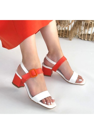 Year Beyaz Cilt Turuncu Detaylı Kadın Topuklu Ayakkabı Beyaz1