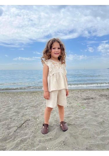 Cigit Robası Nakışlı Şortlu Keten Takım 2-7 Yaş Naturel Beyaz