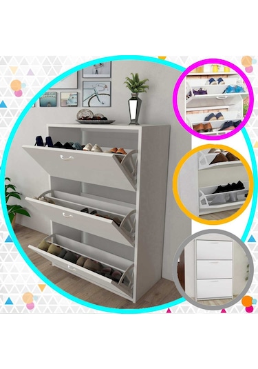 Modilayn Trıplex Kapıönü 3 Katlı Düşer Kapak Ayakkabılık, Antre- Hol- Kolidor Ayakkabı Dolabı, Beyaz