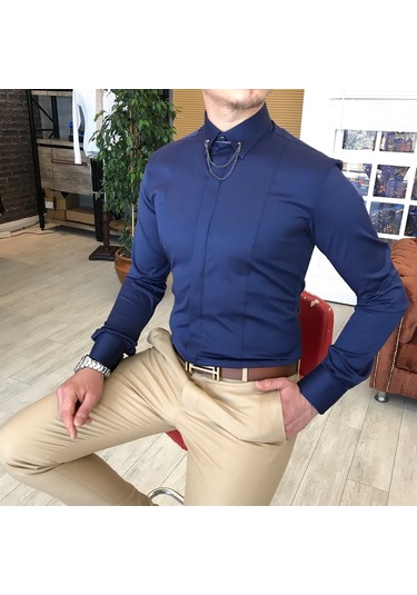 Italyan Kesim Slim Fit Erkek Saten Zincirli Gömlek Lacivert T4802