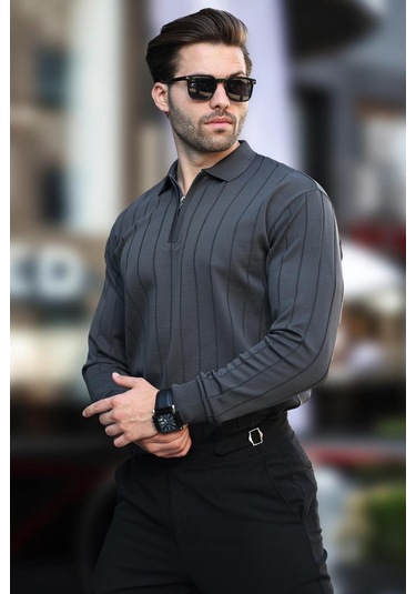 Madmext Antrasit Polo Yaka Fermuarlı Örme Kazak 7242-antrasit Antrasit