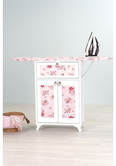 Mistik Home Rose Katlanır Dolaplı Ütü Masası Beyaz Gövde, Pembe Çiçek Desenli Beyaz/pembe