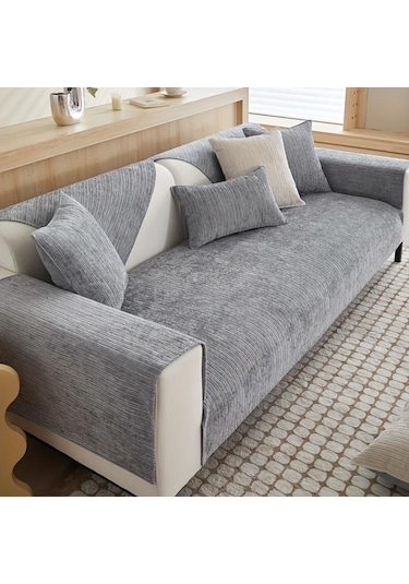 Gri Düz Renk Şönil Kanepe Havlusu Kalın Evrensel Kesit Kanepe Örtüsü Modern Mobilya Toz Geçirmez Kapak L Şeklinde Kanepe Kapakları 70x120cm