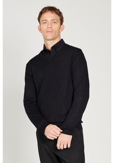 AC&Co / Altınyıldız Classics  Erkek Sıyah Standart Fit Normal Kesim V Yaka Triko Kazak Siyah