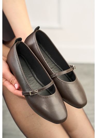 Günlük Siyah Kadın Babet Oval Burun İnce Bant Tokalı Kemer Ortopedik Ev İş Ofis Hafif Ayakkabı 113 Acı Kahve