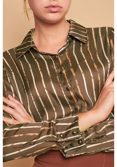 Desenli Yakalı Uzun Kol Likrasız Şık Kumaş Gömlek-Haki Çizgi Haki Çzg.