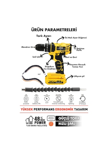 12V Çift Akülü Metal Şanzıman Taşıma Çantalı Led Işıklı Akülü Vidalama Şarjlı Matkap Seti -