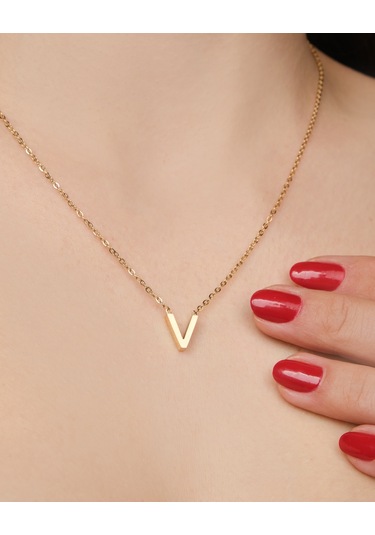 Lekka Design Kadın Kararmaz Çelik Takı V Harf Kolye Altın