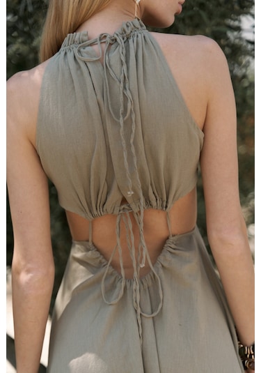 Bunina Bağcıklı Boncuk Detay Haki Uzun Elbise Haki