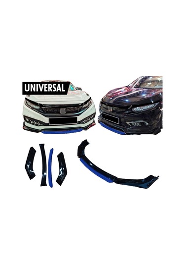 Üniversal Lip Honda Civic FC5 Tip Mavi Detaylı Ön Tampon Eki Kanatlı Lip 4 Parça