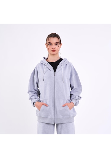 MMetalic Gri Kanguru Cepli Kapüşonlu Fermuarlı Oversize Kadın Sweatshirt Gri