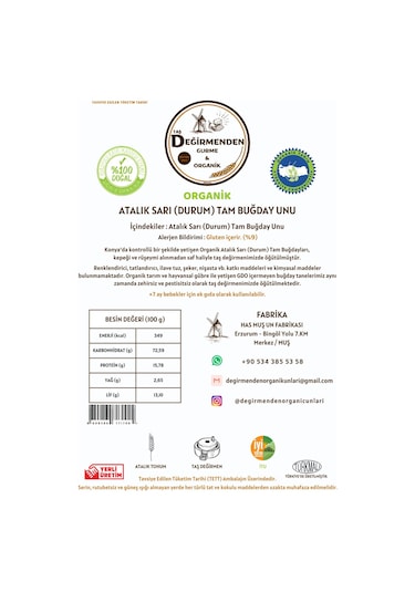 Taş Değirmenden Gurme & Organik Atalık Sarı Durum Tam Buğday Unu 1 KG