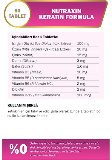 Nutraxin Keratin Formula Hair Nails Skin Takviye Edici Gıda 60 Tablet Saç ve Tırnak Vitamini