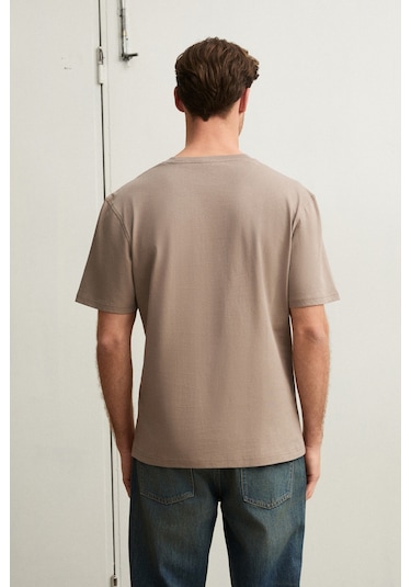 Grimelange Solo Erkek %100 Organik Pamuklu Kalın Dokulu Comfort Fit Bisiklet Yakalı Vizon T-shirt Vizon