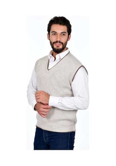 Kamalı Krem Erkek Çelik Örgü Intersiye Kışlık Kalın Triko V Yaka Triko Örgü Tüylenmez Süveter Taş