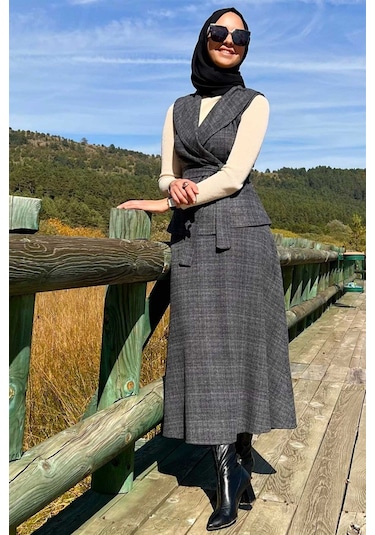 Azize Etek Yelek Takım Antrasit Çok Renkli