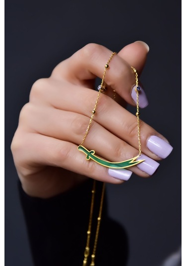 Papatya Silver 925 Ayar Gümüş Mineli Toplu Parlayan Rüya Serisi Tasarım Ebruli Cam Boyalı Zülfikar Kılıcı Kolye