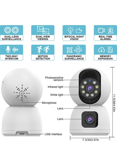 1080p Akıllı Wifi Kamera Kablosuz Monitör Kamerası İki Lensli 2.4g/5g Bağlantı Tam Renkli Gece Görüşü İki Yönlü Konuşma Hareket Algılama Alarm Hatırlatıcı Kablosuz Kamera Ev Ofis Dış Mekan İç Mekan Beyaz
