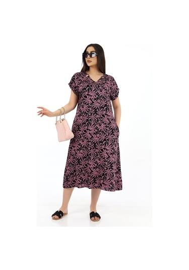 Kadın Viskon Yarım Kol V Yaka Halkalı Cepli Elbise Pembe Pembe