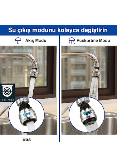 Krom 2 Fonksiyonlu Mutfak Lavabo Başlığı 360 Döner Su Tasarruflu