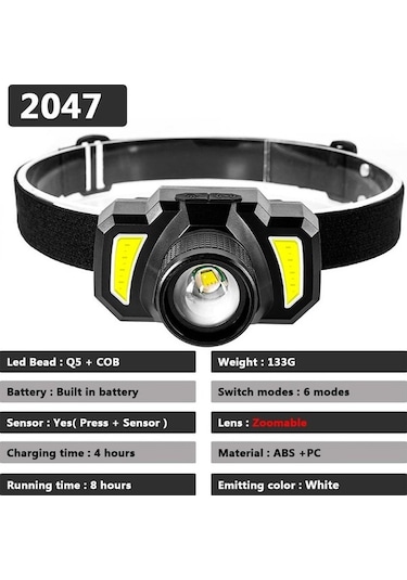 Novahub Yakınlaştırılabilir Led Far Sensör Pil Xp-g Q5 Kafa El Feneri Su Geçirmez Beyaz Kırmızı Çok Renkli 10w C Package D Çok Renkli