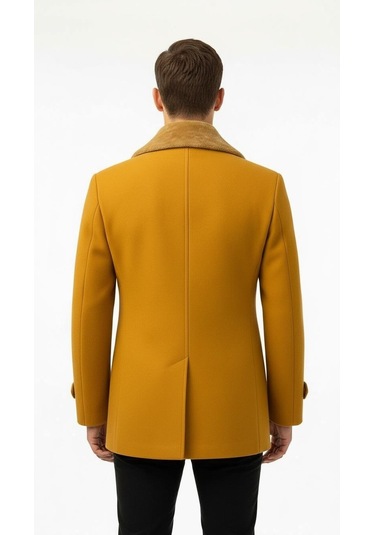 Erkek Kürklü Yaka Kaşe Kaban Slim Fit Çift Düğmeli Kışlık Mont Hardal Sarısı
