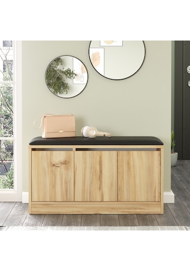 Robin Home Comfort Puflu Minderli Oturaklı Ayakkabılık 3 Kapaklı Kahverengi