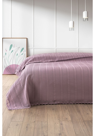 Dantelli Tek Kişilik Waffle Pike- %100 Pamuk Petekli Pike-160x230 Cm-lila Lıla Lila