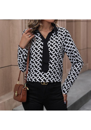 İlkbahar Ve Sonbahar Kadın Gömlek Bluz Mizaç Zarif Uzun Kollu Baskılı Kadın Gömleği Siyah