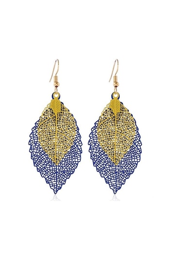 Çift Katmanlı Yapraklar Püskül Küpe Basit Retro Metal Yaprak Kulaklar Süsler Royalblue Sarı