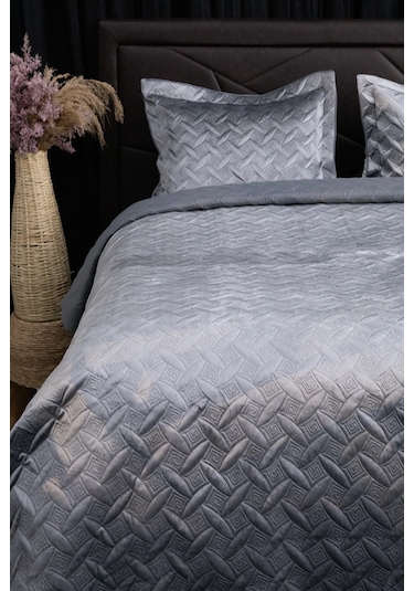 Queen Kadife Çift Kişilik Yatak Örtüsü - Antrasit