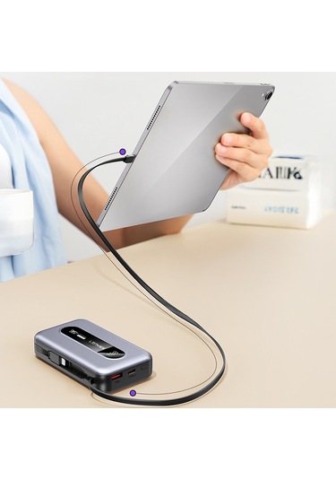 Lenyes Px1002d Dijital Göstergeli Teleskopik Type-c Ve Lightning Kablolu Powerbank 35w 10.000mah Gri
