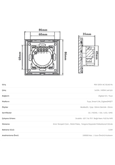 Zigbee Akıllı Duvar Anahtarı - Siyah Tuya, Smart Life Uyumlu