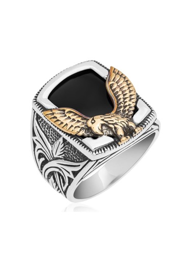 Alyans Evim Kartal Motifli Kare Siyah Oniks Taşlı 925 Gümüş Erkek Yüzük