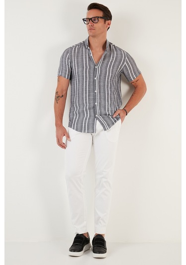 Buratti Çizgili Pamuklu Slim Fit Kısa Kollu Erkek Gömlek Cf23S116097 Siyah