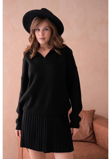 Kadın Polo Yaka Düşük Kol Kazak Kısa Etek İkili Triko Takım Siyah