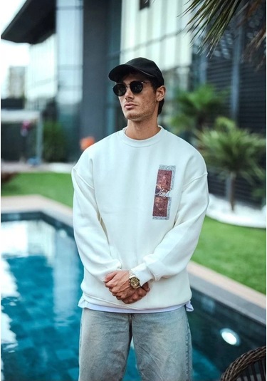 Uzun Kol Bisiklet Yaka Ön Ve Arka Baskılı Sweatshirt - Beyaz 001