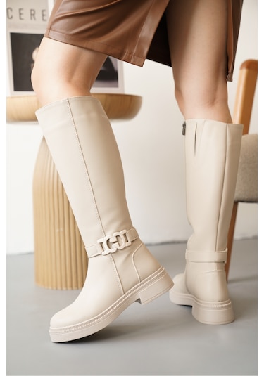 D942 Soğuk Geçirmez Kışlık Kadın Çizme Bej