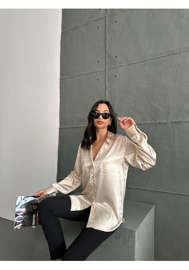 Kadın Oversize Taş Renk Saten Gömlek-taş Taş