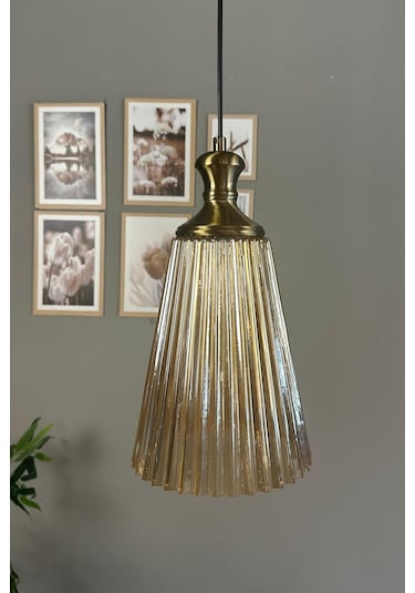 Zefira Cam Bal Rengi Tekli Avize Eskitme Tokmak Başlık Retro Sarkıt Lamba Salon Aydınlatma Bal