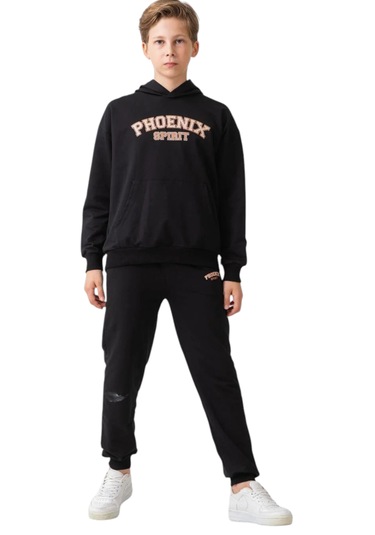 Erkek Çocuk Sırtı Anka Kuşu Detaylı Kanguru Cepli Kapüşonlu Siyah Renk Eşofman Takımı 3333 Siyah