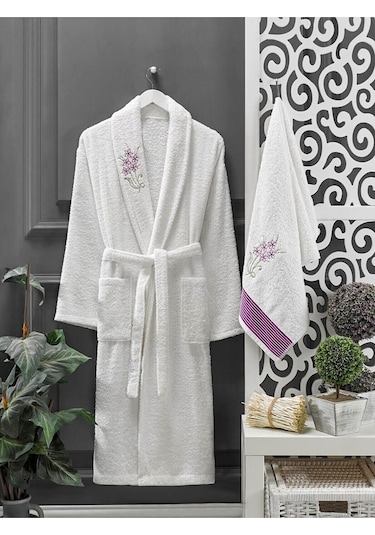 4 Parça Aile Bornoz Seti Kadın Erkek Havlulu Bornoz Takımı Beyaz Set