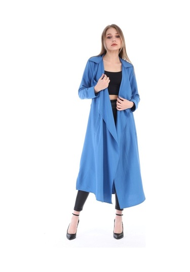 Apoletli Yanları Yırtmaçlı Kuşaklı Uzun Indigo Kadın Ceket