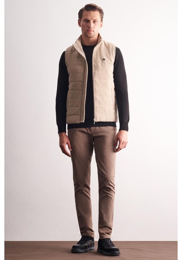 İmza Bej Dik Yaka Fermuarlı Casual Slim Fit Kapitone Yelek 1009255103 Koyu Bej