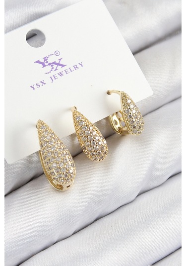 Pirinç Zirkon Taşlı 3'lü Damla Model Gold Renk Kadın Küpe Çok Renkli