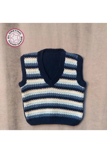 Uretti - Talia 8659 - 7524 El Örgüsü Erkek Çocuk Süveter - 2 Yaş Mavi - Krem