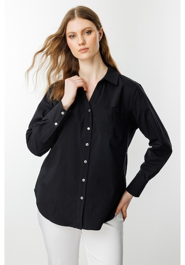 Ekol Kadın Büyük Beden Polo Yaka Gül Nakışlı Cepli Gömlek 3504 Siyah Siyah