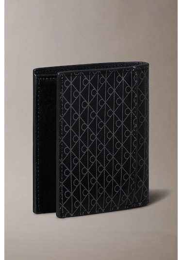 Erkek Monogram Desenli İki Katlı Cüzdan - Siyah Black