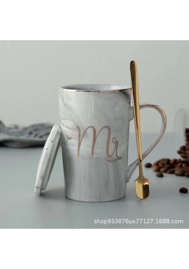 Tenfowee Ev Kullanıma Uygun Nikah/yıl Dönümü Hediyesi 2'li Seri: Siyah Ve Pembe Harf Desenli Seramik Bardak, Kapak Ve Kaşık İçeren Sürekli Kullanılabilir Set Gri